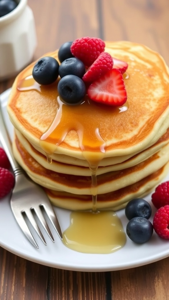 A stack of gluten-free pancakes with berries and syrup on a rustic table.